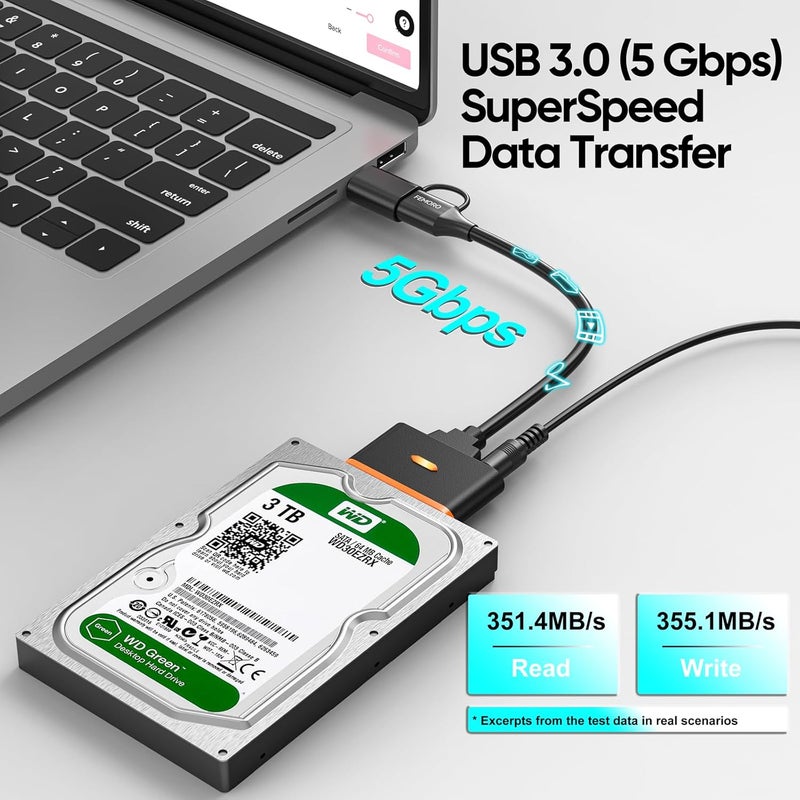 FEMORO محول SATA إلى USB مع مزود طاقة ومحول USB C، قارئ القرص الصلب SATA للـ 2.5 بوصة SSD و 3.5 بوصة HDD، بسعة تصل إلى 20TB، دعم SATA III متوافق مع UASP مع Seagate و WD و Toshiba والمزيد - Image 3